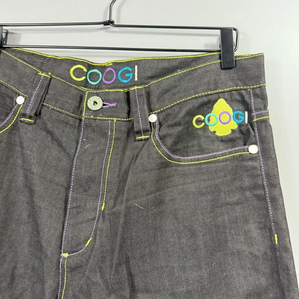 Coogi Shorts Mens 36 Black Denim Bermuda Colorful Embroidered Feather Graphic